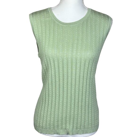 Foxcroft Cable Knit Top Women Size Large Sage Green Supima Cotton Ribbed Vest - Picture 1 of 10